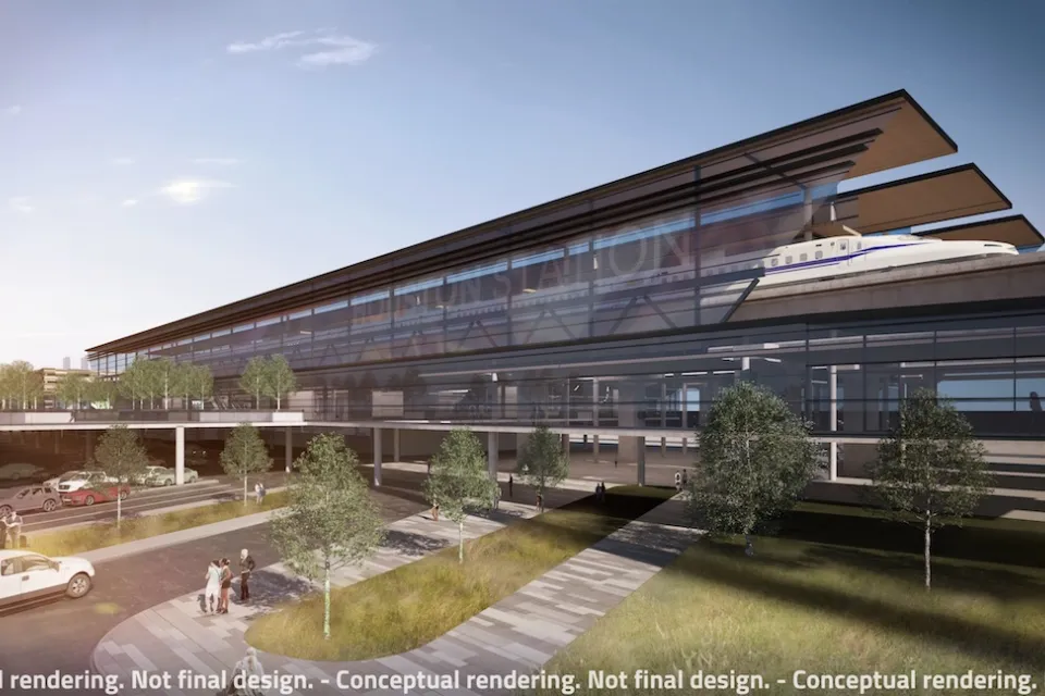 Rendering of proposed modern glass high-speed rail station in Houston, Texas.